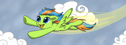 Size: 3392x1216 | Tagged: safe, artist:bananasplitzel, artist:da-waffle, imported from derpibooru, oc, oc only, pegasus, pony, cloud, excited, female, flying, happy, open mouth, pegasus oc, solo