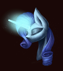 Size: 1500x1700 | Tagged: source needed, safe, artist:anastas, imported from derpibooru, rarity, pony, unicorn, black background, bust, eyes closed, female, glowing, glowing horn, head only, horn, magic, mare, no mouth, portrait, purple mane, simple background, solo, white fur