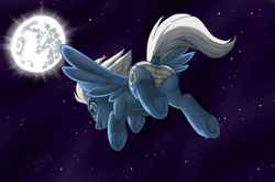 Size: 1668x1101 | Tagged: safe, artist:bananasplitzel, artist:da-waffle, imported from derpibooru, night glider, pegasus, pony, butt, clothes, dock, female, flying, mare in the moon, moon, night, panties, plot, solo, striped panties, tail, underhoof, underwear