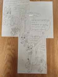 Size: 1280x1707 | Tagged: safe, artist:jazepony, idw, imported from derpibooru, hitch trailblazer, spike, twilight sparkle, alicorn, dragon, earth pony, pony, comic, g5, irl, my little pony: tell your tale, photo, sparky sparkeroni, traditional art