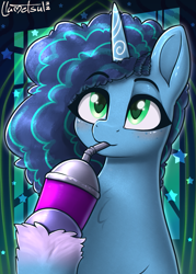 Size: 633x884 | Tagged: safe, artist:llametsul, imported from derpibooru, pony, unicorn, spoiler:my little pony: make your mark chapter 2, spoiler:myms01e04, ali-conned, female, g5, heart, heart eyes, mare, misty brightdawn, my little pony: make your mark, my little pony: make your mark chapter 2, scene interpretation, signature, smoothie, solo, that pony sure does love smoothies, unshorn fetlocks, wingding eyes