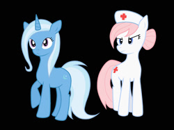 Size: 1024x765 | Tagged: safe, artist:ispincharles, imported from derpibooru, nurse redheart, trixie, earth pony, pony, unicorn, black background, duo, duo female, female, mare, simple background