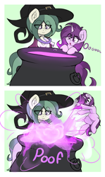 Size: 3169x5312 | Tagged: safe, artist:czu, imported from derpibooru, oc, oc only, oc:coven, oc:czupone, earth pony, pony, unicorn, :o, alchemy, cauldron, comic, duo, eye clipping through hair, lidded eyes, male, open mouth, shrinking, shrinking potion, stallion