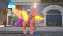 Size: 1280x720 | Tagged: safe, imported from derpibooru, screencap, sugar moonlight, sunny starscout, alicorn, earth pony, pony, unicorn, spoiler:g5, spoiler:my little pony: make your mark chapter 2, spoiler:myms01e04, ali-conned, animated, bell, cellphone, filly four, g5, glowing, glowing horn, glowing wings, hammer, hoof pointing, horn, horseshoes, lily (g5), lipstick, mane stripe sunny, misty brightdawn, my little pony: a new generation, my little pony: make your mark, my little pony: make your mark chapter 2, nervous, phone, pointing, princess sunny starscout, race swap, rosedust (g5), sign, sound, street, sunglasses, sunnycorn, watching, webm, wings