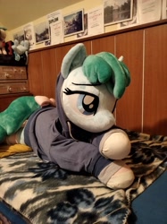 Size: 3016x4032 | Tagged: safe, artist:epicrainbowcrafts, imported from derpibooru, spring melody, sprinkle medley, pegasus, pony, bed, bedroom eyes, blanket, bow, clothes, hoodie, irl, life size, lying down, photo, plushie, prone, socks, solo, striped socks, tail, tail bow