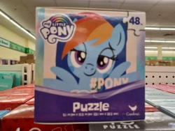 Size: 4000x3000 | Tagged: safe, imported from derpibooru, rainbow dash, pegasus, pony, #pony, 48 piece puzzle, blue blush, blushing, dollar tree, hashtag, looking at you, my little pony logo, photo, puzzle, solo