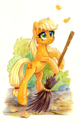 Size: 795x1223 | Tagged: safe, artist:maytee, imported from derpibooru, applejack, earth pony, pony, autumn, bipedal, broom, colored pencil drawing, cute, female, hatless, hoof hold, jackabetes, leaves, mare, missing accessory, solo, traditional art