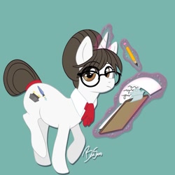Size: 1024x1024 | Tagged: safe, artist:blvesand, imported from derpibooru, raven, pony, unicorn, ascot, blue background, clipboard, cute, eye clipping through hair, female, glasses, hair bun, list, looking at you, magic, mare, necktie, paper, pencil, ravenbetes, secretary, signature, simple background, solo, tail, tail bun, telekinesis