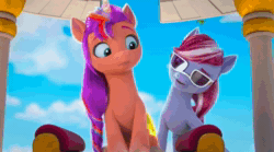 Size: 1280x712 | Tagged: safe, imported from derpibooru, screencap, sugar moonlight, sunny starscout, alicorn, earth pony, pony, unicorn, spoiler:g5, spoiler:my little pony: make your mark chapter 2, spoiler:myms01e04, ali-conned, animated, fandom, fans, female, filly, filly four, flying, foal, g5, gazebo, glory (g5), glowing, glowing horn, glowing wings, happy, heart, horn, lily (g5), male, mare, misty brightdawn, my little pony: make your mark, my little pony: make your mark chapter 2, peach fizz, pippsqueak trio, pippsqueaks, race swap, rosedust (g5), seashell (g5), shoving, sign, smiling, sound, stallion, sunglasses, sunnycorn, sweets (g5), toots, weather vane, webm, wings