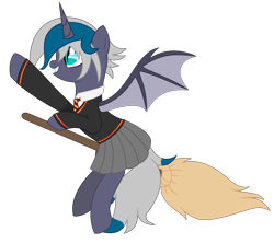 Size: 2893x2572 | Tagged: safe, artist:cindystarlight, imported from derpibooru, oc, oc only, oc:elizabat stormfeather, alicorn, bat pony, bat pony alicorn, pony, alicorn oc, bat pony oc, bat wings, broom, clothes, commission, cosplay, costume, crossover, cute, female, flying, flying broomstick, grin, gryffindor, harry potter (series), horn, mare, necktie, parody, raised hoof, school uniform, shirt, simple background, skirt, smiling, solo, sweater, transparent background, wings, ych result