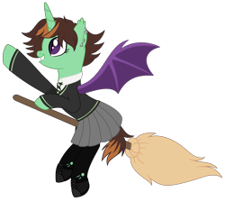 Size: 2819x2517 | Tagged: safe, artist:cindystarlight, imported from derpibooru, oc, oc only, oc:mareula snyde, alicorn, bat pony, bat pony alicorn, pony, alicorn oc, bat pony oc, bat wings, boots, broom, clothes, commission, cosplay, costume, crossover, cute, ear piercing, earring, fangs, female, flying, flying broomstick, grin, harry potter (series), horn, jewelry, mare, necktie, parody, piercing, raised hoof, ripped stockings, school uniform, shirt, shoes, simple background, skirt, slytherin, smiling, socks, solo, stockings, sweater, thigh highs, torn clothes, transparent background, wings, ych result