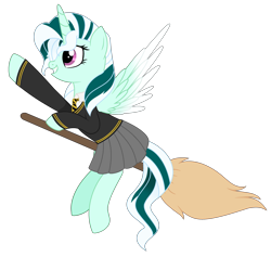 Size: 2887x2738 | Tagged: safe, artist:cindystarlight, imported from derpibooru, oc, oc only, oc:arcana formula, alicorn, pony, alicorn oc, broom, clothes, commission, cosplay, costume, crossover, cute, female, flying, flying broomstick, grin, harry potter (series), horn, hufflepuff, mare, necktie, parody, raised hoof, school uniform, shirt, simple background, skirt, smiling, solo, sweater, transparent background, wings, ych result