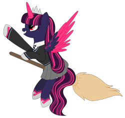 Size: 2895x2738 | Tagged: safe, artist:cindystarlight, imported from derpibooru, oc, oc only, oc:princess ebony moon, alicorn, pony, alicorn oc, broom, clothes, commission, cosplay, costume, crossover, crown, cute, female, flying, flying broomstick, grin, harry potter (series), horn, jewelry, mare, markings, necktie, parody, raised hoof, ravenclaw, regalia, school uniform, shirt, simple background, skirt, smiling, solo, sweater, transparent background, wings, ych result