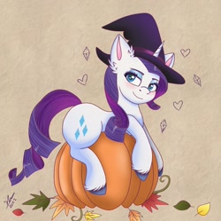 Size: 2169x2160 | Tagged: safe, artist:galaxy swirl, imported from derpibooru, rarity, pony, unicorn, cute, ear fluff, female, halloween, hat, holiday, leaves, mare, pumpkin, simple background, smiling, solo, unshorn fetlocks, witch hat