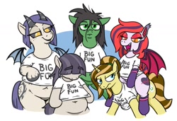 Size: 1024x700 | Tagged: safe, artist:jargon scott, imported from derpibooru, oc, oc only, oc:anon-mare, oc:arrhythmia, oc:dot matrix, oc:java chip, oc:snusnu, bat pony, earth pony, pony, succubus, succubus pony, unicorn, bat pony oc, belly, belly button, bipedal, chubby, clothes, eyeshadow, fat, female, floppy ears, lidded eyes, lipstick, looking at you, looking down, makeup, mare, oc riding oc, open mouth, open smile, ponies riding ponies, riding, simple background, smiling, socks, white background