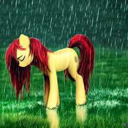 Size: 1024x1024 | Tagged: safe, imported from derpibooru, oc, unnamed oc, earth pony, pony, ai content, ai generated, depressed, depression, generator:purplesmart.ai, generator:stable diffusion, grass, grass field, head down, missing limb, not roseluck, rain, reflection, sad, sad pony, solo, wet, wet mane