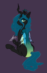 Size: 379x580 | Tagged: safe, artist:fandrawsart, imported from derpibooru, queen chrysalis, changeling, changeling queen, pony, colored, cute, cute little fangs, cutealis, fangs, female, full body, gradient, jewelry, lidded eyes, looking at you, looking back, lowres, quick draw, rear view, regalia, simple background, sitting, sitting pretty, snaggletooth, solo, turned away