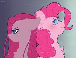 Size: 1670x1282 | Tagged: safe, artist:ponka-pie, derpibooru exclusive, imported from derpibooru, pinkie pie, earth pony, pony, chest fluff, duality, duo, female, floppy ears, gradient background, pinkamena diane pie, self paradox, self ponidox, tongue out