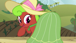 Size: 1920x1080 | Tagged: safe, imported from derpibooru, screencap, apple bottom, earth pony, pony, apple family reunion, 1080p, apple family member, butt, clothes, female, hat, looking at you, mare, plot, solo