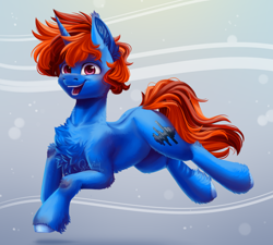 Size: 2000x1800 | Tagged: safe, artist:querisyart, imported from derpibooru, oc, oc only, oc:whirling flow, pony, unicorn, chest fluff, looking at you, male, prancing, smiling, smiling at you, solo, stallion, two toned mane, unshorn fetlocks