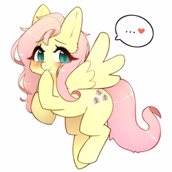 Size: 2500x2500 | Tagged: safe, artist:jupiter, imported from derpibooru, fluttershy, pegasus, pony, ..., blushing, cheek fluff, chest fluff, cute, daaaaaaaaaaaw, ear fluff, eye clipping through hair, eyebrows, eyebrows visible through hair, female, floating, full body, heart, hoof over mouth, looking at you, mare, shyabetes, simple background, solo, speech bubble, spread wings, white background, wings