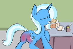 Size: 564x382 | Tagged: artist needed, safe, imported from derpibooru, trixie, pony, unicorn, bread, butt, female, food, mare, mouth hold, plate, plot, reddened butt, sandwich, solo, spanked, table
