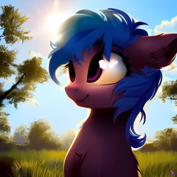 Size: 1024x1024 | Tagged: safe, imported from derpibooru, oc, unnamed oc, earth pony, pony, ai content, ai generated, cloud, cute, day, ear fluff, generator:purplesmart.ai, generator:stable diffusion, grass, happy, heterochromia, messy mane, smiling, sun, tree