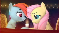 Size: 3840x2160 | Tagged: safe, artist:frostylocker, imported from derpibooru, fluttershy, rainbow dash, pegasus, pony, 3d, 4k, candle, candlelight, female, flutterdash, high res, lesbian, looking at each other, looking at someone, mare, romantic, shipping, source filmmaker