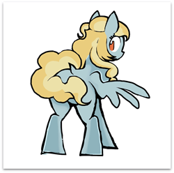 Size: 638x632 | Tagged: safe, artist:yidwags, imported from twibooru, oc, oc:fair flyer, pegasus, pony, announcement, announcement in the description, covering, dock, female, image, looking at you, looking back, looking back at you, mare, png, simple background, snowpity inc., tail covering, white background