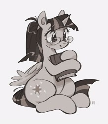 Size: 2456x2804 | Tagged: safe, artist:eunicidae, imported from derpibooru, twilight sparkle, alicorn, pony, alternate hairstyle, book, bookhorse, bottom heavy, cute, female, glasses, grayscale, mare, monochrome, ponytail, simple background, sitting, smiling, solo, twiabetes, twilight sparkle (alicorn), white background, wide hips