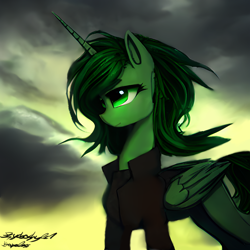 Size: 2048x2048 | Tagged: safe, artist:psychoshy_bc1q, imported from ponybooru, alicorn, fallout equestria, artificial alicorn, bust, closed wing, female, green alicorn (fo:e), green eyes, machine learning assisted, mare, ponybooru exclusive, portrait, smiling, solo, spread wings, stable diffusion, wings