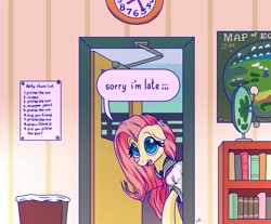 Size: 4096x3384 | Tagged: safe, artist:docwario, imported from derpibooru, fluttershy, pegasus, pony, blushing, classroom, clothes, cute, female, floppy ears, high res, mare, open mouth, school uniform, shyabetes, solo, speech bubble