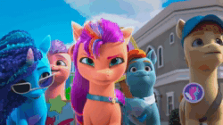 Size: 1280x716 | Tagged: safe, imported from derpibooru, screencap, sunny starscout, earth pony, pony, unicorn, spoiler:g5, spoiler:my little pony: make your mark chapter 2, ali-conned, almost caught, animated, bag, crowd, determined, female, fluttershy's cutie mark, freudian slip, g5, hat, heart, male, mare, misty (g5), my little pony: make your mark, my little pony: make your mark chapter 2, panicking, rainbow dash's cutie mark, saddle bag, sign, sound, stallion, sunglasses, toots, twilight sparkle's cutie mark, unshorn fetlocks, webm