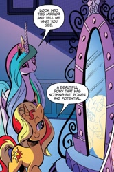 Size: 750x1127 | Tagged: safe, artist:andypriceart, idw, imported from derpibooru, princess celestia, sunset shimmer, alicorn, pony, unicorn, spoiler:comicannual2013, dialogue, duo, duo female, female, g4, looking at self, mare, mirror, narcissism, reflection, sin of pride, smiling, speech bubble, vanity