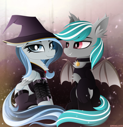 Size: 2607x2701 | Tagged: safe, artist:andaluce, imported from derpibooru, oc, oc only, oc:haze northfleet, oc:malachite cluster, bat pony, pegasus, pony, bat pony oc, bat wings, bell, bell collar, chest fluff, clothes, collar, costume, duo, duo male and female, ear fluff, eyebrows, fangs, female, folded wings, grin, halloween, halloween costume, hat, high res, holiday, lineless, looking at someone, looking at you, male, mare, mlp fim's twelfth anniversary, pegasus oc, signature, sitting, smiling, smiling at you, socks, spread wings, stallion, wings, witch costume, witch hat