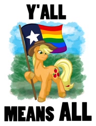 Size: 720x940 | Tagged: safe, artist:texasuberalles, imported from derpibooru, applejack, earth pony, pony, colored hooves, cowboy hat, female, freckles, hat, hoof hold, mare, pride flag, solo, texas, unshorn fetlocks