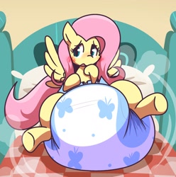 Size: 1932x1944 | Tagged: safe, artist:shslsadcat, imported from derpibooru, fluttershy, pegasus, pony, bed, blushing, diaper, diaper fetish, female, fetish, impossibly large diaper, looking away, mare, non-baby in diaper, open mouth, pillow, poofy diaper, spread legs, spread wings, spreading, wings