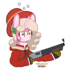 Size: 939x986 | Tagged: safe, artist:bloonacorn, imported from derpibooru, oc, oc only, oc:bloona blazes, unicorn, /mlp/ tf2 general, gun, horn, shotgun, simple background, soldier, solo, team fortress 2, transparent background, unicorn oc, weapon