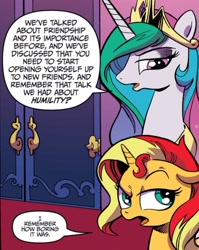 Size: 738x927 | Tagged: safe, artist:andypriceart, idw, imported from derpibooru, princess celestia, sunset shimmer, alicorn, pony, unicorn, spoiler:comic, spoiler:comicannual2013, annoyed, celestia is not amused, dialogue, duo, duo female, female, g4, looking at someone, looking back, looking down, mare, open mouth, speech bubble, sunset shimmer is not amused, unamused