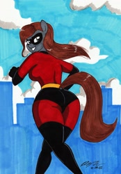 Size: 1992x2858 | Tagged: safe, artist:newyorkx3, imported from derpibooru, oc, oc only, oc:casey, anthro, earth pony, anthro oc, ass, butt, city, clothes, cloud, costume, domino mask, earth pony oc, elastigirl, female, grin, helen parr, high res, looking at you, looking back, looking back at you, mask, mrs. incredible, rear view, running, signature, sky, smiling, smiling at you, solo, superhero costume, tail, tail hole, the incredibles, traditional art