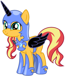 Size: 3868x4509 | Tagged: safe, artist:emeraldblast63, imported from derpibooru, nightmare moon, sunset shimmer, pony, unicorn, chestplate, cosplay, costume, cute, female, g4, mare, nightmare moon armor, nightmare night costume, shimmerbetes, simple background, solo, transparent background