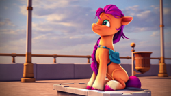 Size: 3840x2160 | Tagged: safe, artist:psfmer, imported from derpibooru, sunny starscout, earth pony, pony, 3d, bag, button, cute, female, fluttershy's cutie mark, g5, mare, pin, rainbow dash's cutie mark, satchel, sitting, slim, smiling, solo, source filmmaker, sunnybetes, thin, twilight sparkle's cutie mark, unshorn fetlocks