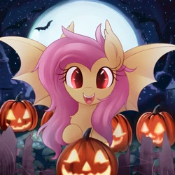 Size: 3000x3000 | Tagged: safe, artist:illusion, imported from derpibooru, fluttershy, bat, bat pony, bat ponified, cute, female, flutterbat, full moon, halloween, holiday, jack-o-lantern, looking at you, mare, moon, nightmare night, open mouth, open smile, pumpkin, race swap, shyabates, shyabetes, smiling, smiling at you, solo, spread wings, wings