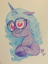 Size: 2917x3944 | Tagged: safe, artist:jesslmc16, imported from derpibooru, izzy moonbow, pony, unicorn, bust, chest fluff, colored, crossed arms, cute, drawing, ears, ears back, female, g5, glasses, izzybetes, looking at you, my little pony: make your mark, portrait, smiling, smiling at you, solo, traditional art, uni-cycling