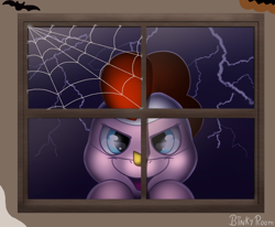 Size: 1000x825 | Tagged: safe, artist:binkyroom, imported from derpibooru, pinkie pie, earth pony, pony, animal costume, chicken pie, chicken suit, clothes, costume, decoration, halloween, halloween costume, holiday, lightning, looking at you, lurking, mlp fim's twelfth anniversary, solo, spider web, spooky, window