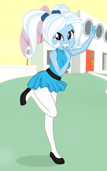 Size: 1209x1920 | Tagged: safe, artist:charliexe, artist:grapefruit-face, artist:yaya54320bases, imported from derpibooru, trixie, human, equestria girls, bare shoulders, base used, bubbles (powerpuff girls), clothes, cosplay, costume, dress, happy, house, looking at you, outdoors, pigtails, shoes, sleeveless, solo, standing, standing on one leg, stockings, the powerpuff girls, thigh highs, twintails