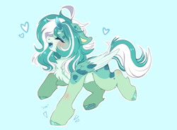 Size: 3400x2500 | Tagged: safe, artist:bizarre_pony, imported from derpibooru, oc, oc only, oc:ditzy, pegasus, blue background, eyes closed, fangs, floppy ears, folded wings, happy, heart, horseshoes, onomatopoeia, open mouth, open smile, pegasus oc, simple background, smiling, trotting, wings