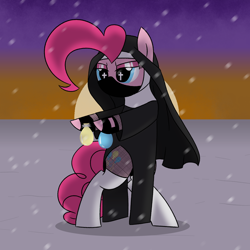 Size: 2500x2500 | Tagged: safe, artist:legendoflink, imported from derpibooru, pinkie pie, earth pony, pony, bipedal, clothes, cross, female, fingerless gloves, fishnets, gloves, high res, mare, nun, nun outfit, pinktober, simple background, snow, snowfall, solo, stockings, sunset, thigh highs, water balloon, wingding eyes