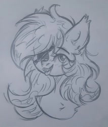 Size: 918x1080 | Tagged: safe, artist:starkey, imported from derpibooru, oc, bat pony, pony, bat pony oc, bust, chest fluff, fangs, female, mare, monochrome, portrait, sketch, smiling, solo, traditional art