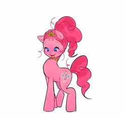 Size: 4096x3837 | Tagged: safe, artist:fluttr3, imported from derpibooru, pinkie pie, earth pony, pony, alternate hairstyle, cute, diapinkes, female, jewelry, looking down, mare, open mouth, open smile, ponytail, simple background, smiling, solo, tiara, white background